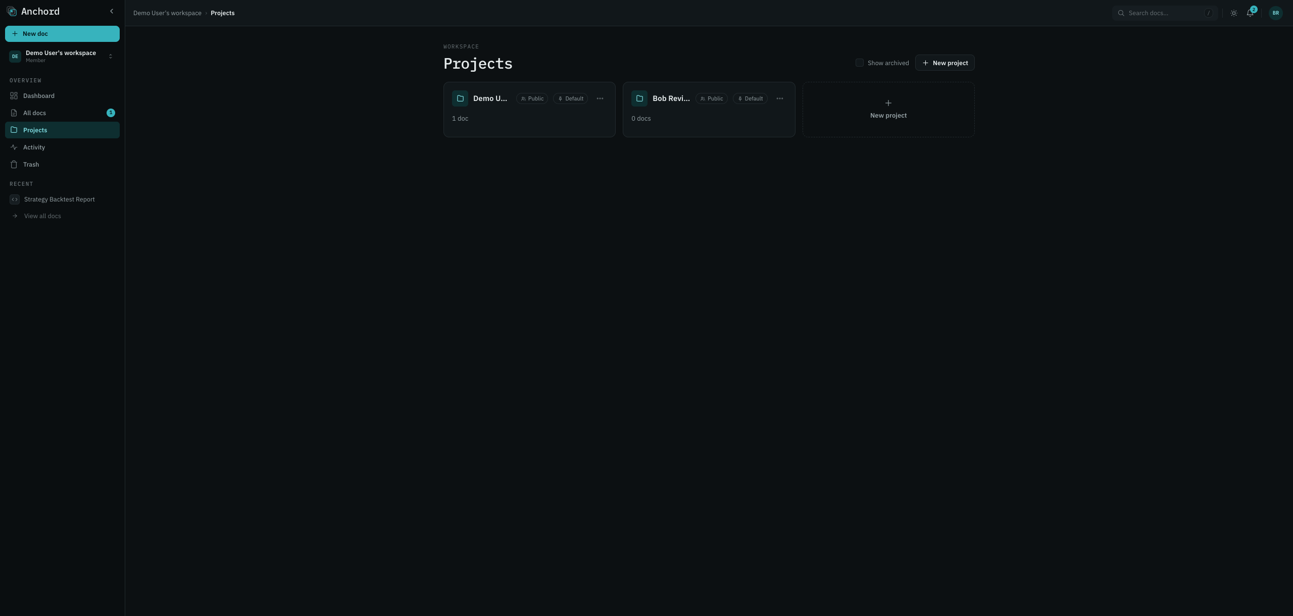 Projects list with private/public badges.