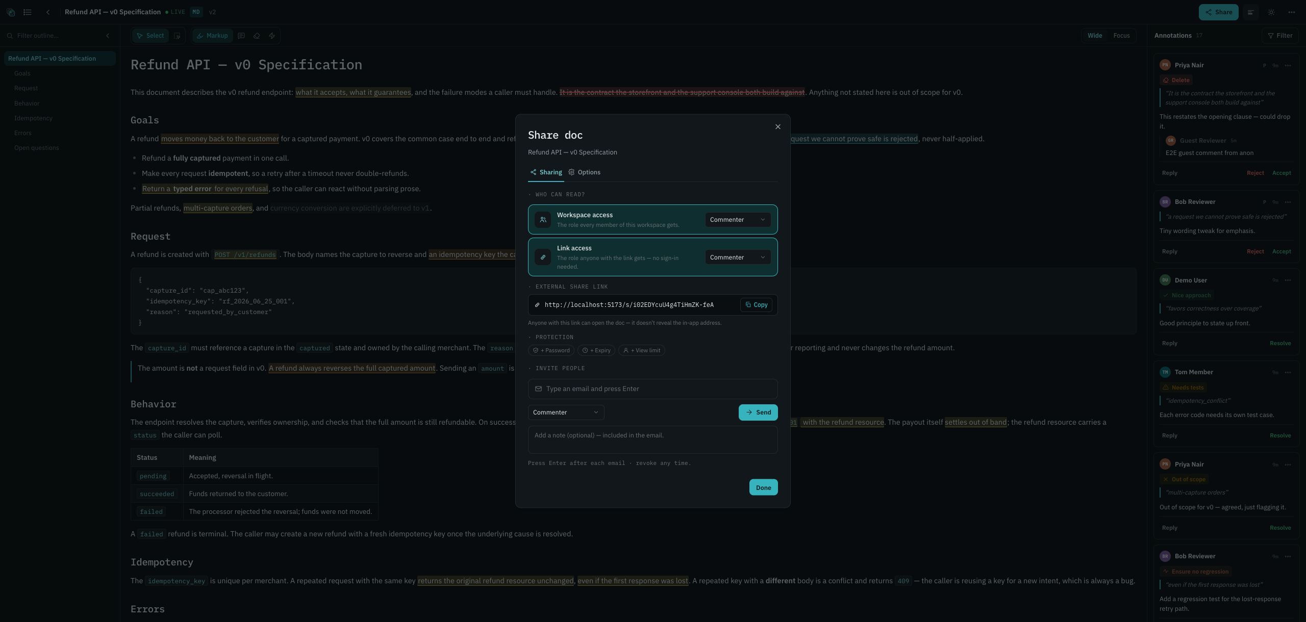 The Anchord share dialog: two-axis access (workspace role + link role), invites, and link controls.